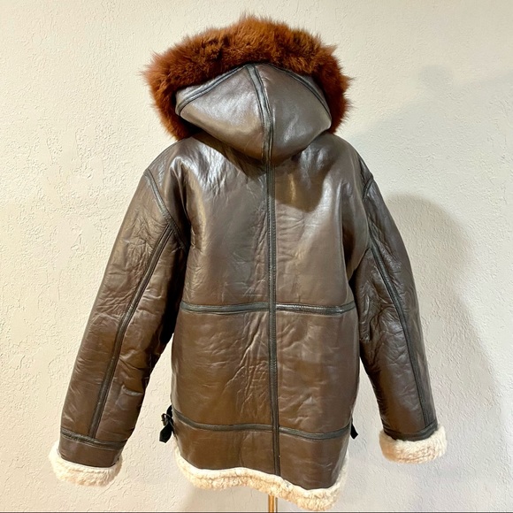NWOT Brown Sheepskin Leather Shearling & Raccoon Fur B3 Bomber Jacket - Picture 8 of 15